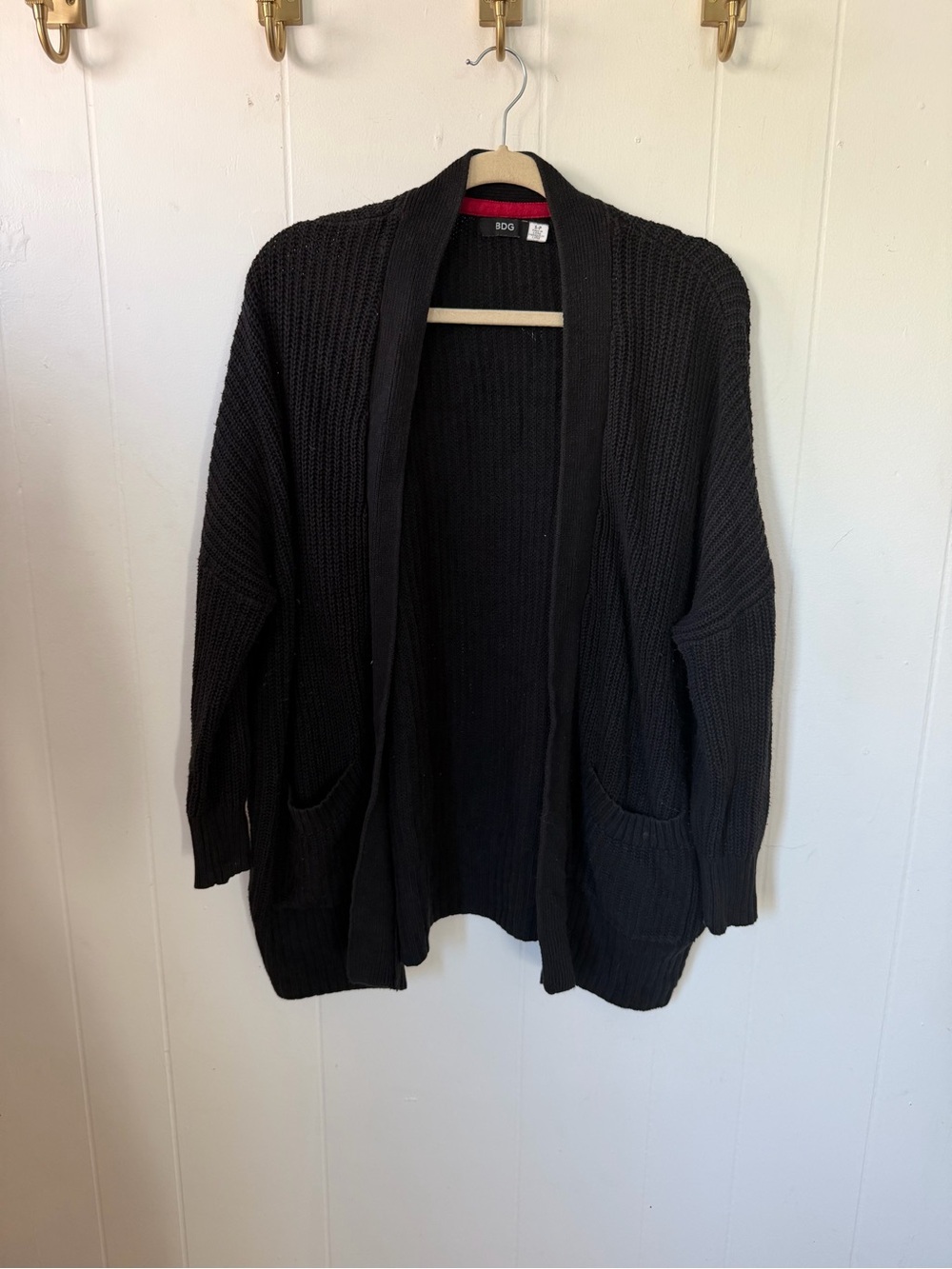 BDG Black Open-Front Chunky Knit Cardigan with Pockets